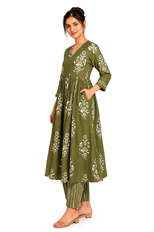 Olive_Printed_Flared_Kurta_Suit_Set_for_Women