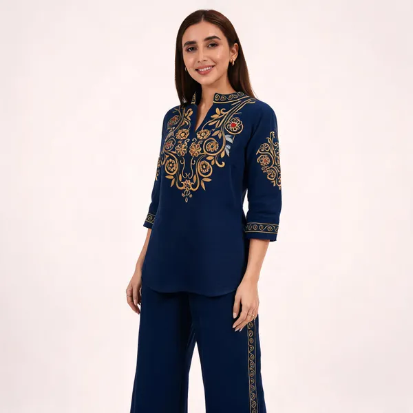 Navy_Blue_Cotton_Embroidered_Kurta_Pant_Set_For_Women