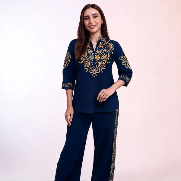 Navy_Blue_Cotton_Embroidered_Kurta_Pant_Set_For_Women