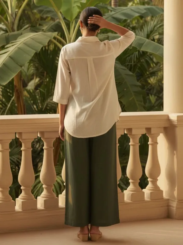 Cream_Embroidered_Shirt_And_Olive_Wide_Leg_Pants_Set_For_Women