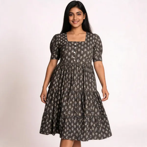 Black_Cotton_Floral_Print_Flared_Dress_For_Women