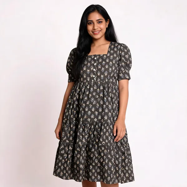 Black_Cotton_Floral_Print_Flared_Dress_For_Women