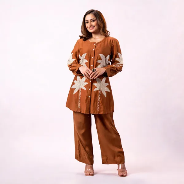 Brown_Cotton_Floral_Embroidered_Kurta_Set_For_Women