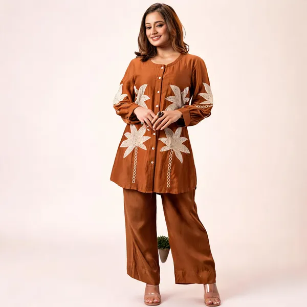 Brown_Cotton_Floral_Embroidered_Kurta_Set_For_Women