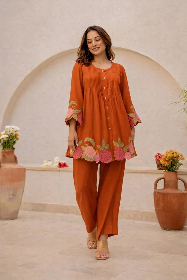 Orange_Pleated_Kurta_Set_For_Women