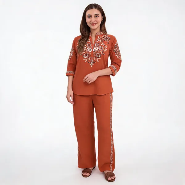 Rust_Cotton_Embroidered_Kurta_Pant_Set_For_Women