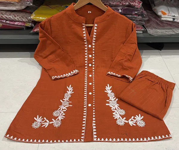 Rust_Embroidered_Kurta_Pant_Set_for_Girls