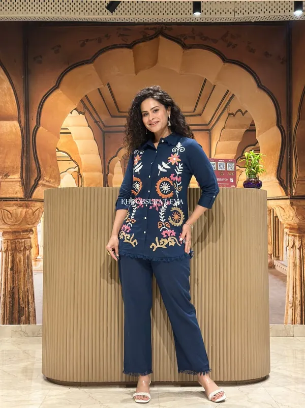 Navy_Embroidered_Flared_Kurta_Set_for_Women
