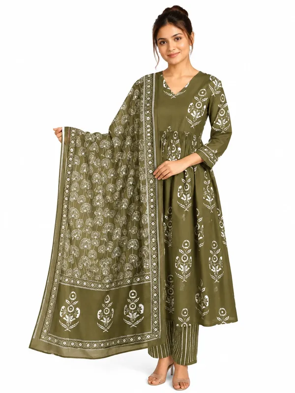 Olive_Printed_Flared_Kurta_Suit_Set_for_Women