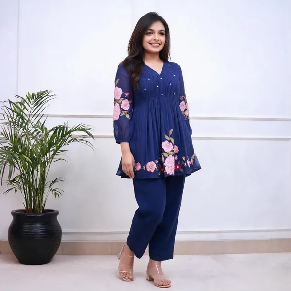 Navy_Blue_Cotton_Anarkali_Kurta_Pant_Set_For_Women