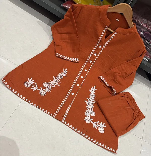 Rust_Embroidered_Kurta_Pant_Set_for_Girls