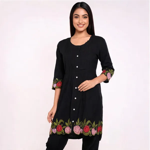 Black_Cotton_Floral_Embroidered_Kurti_For_Women