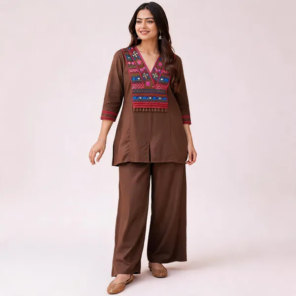 Brown_Cotton_Embroidered_Kurta_Palazzo_Set_For_Women