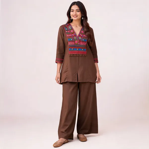 Brown_Cotton_Embroidered_Kurta_Palazzo_Set_For_Women