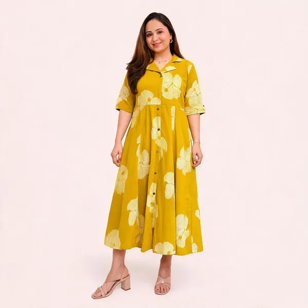 Yellow_Cotton_Floral_Print_Shirt_Dress_For_Women