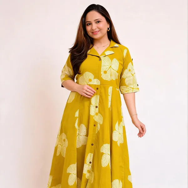Yellow_Cotton_Floral_Print_Shirt_Dress_For_Women