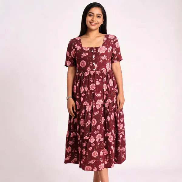 Maroon_Cotton_Floral_Print_Fit_And_Flare_Dress_For_Women