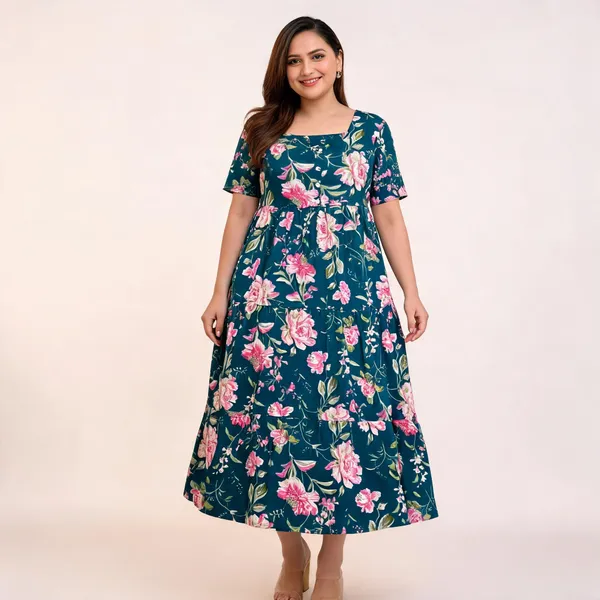 Teal_Cotton_Floral_Fit_And_Flare_Dress_For_Women