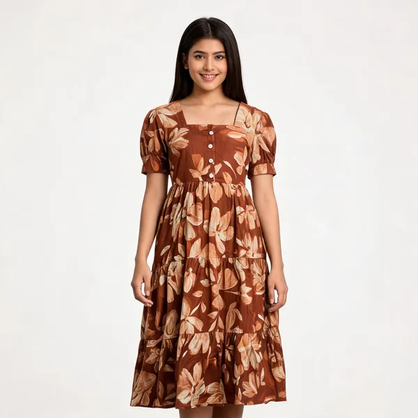 Brown_Cotton_Floral_Print_Fit_And_Flare_Dress_For_Women