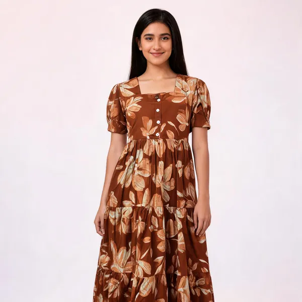 Brown_Cotton_Floral_Print_Fit_And_Flare_Dress_For_Women