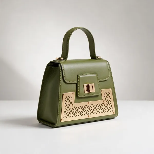Green_Leather_Top-Handle_Handbag_With_Gold_Metal_Panel_For_Women