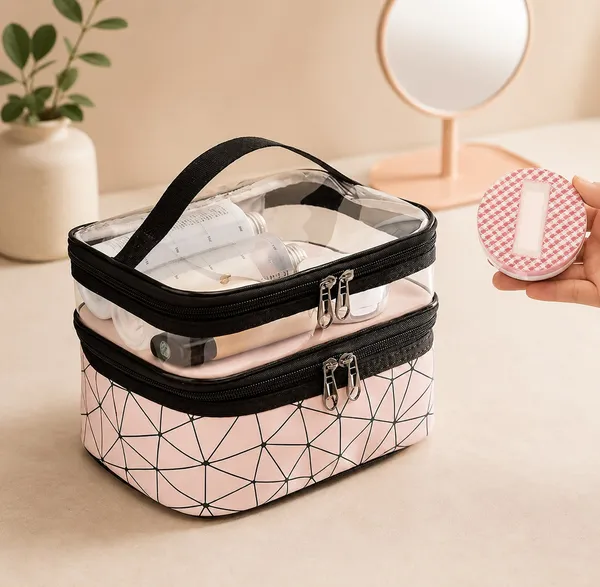 Pink_Geometric_Print_Double_Layer_Cosmetic_Bag_For_Women