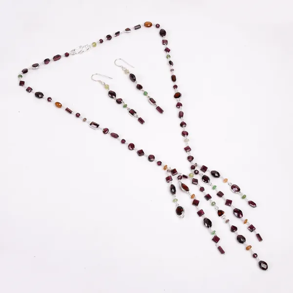 Multicolor_Garnet_Sterling_Silver_Beaded_Necklace_And_Earrings_Set_For_Women