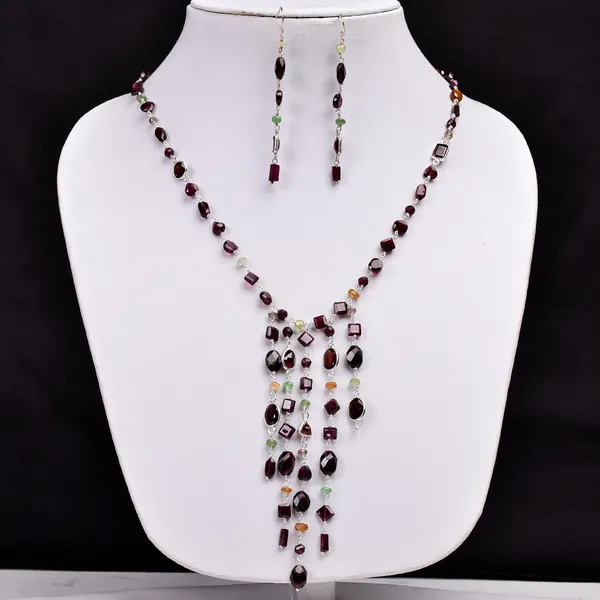 Multicolor_Garnet_Sterling_Silver_Beaded_Necklace_And_Earrings_Set_For_Women