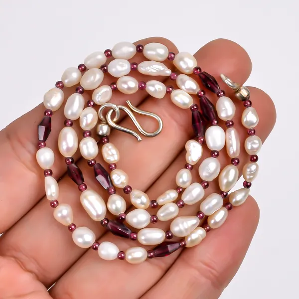 White_Red_Garnet_Freshwater_Pearl_Beaded_Thread_Necklace_For_Unisex