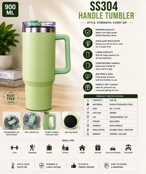 Stainless_Steel_Green_Handle_900Ml_Tumbler