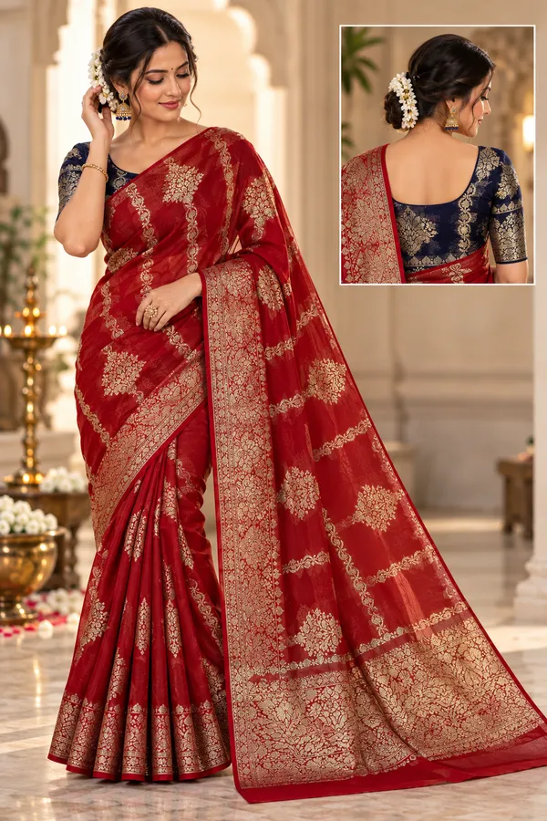 Red_And_Navy_Traditional_Saree_Set_For_Women