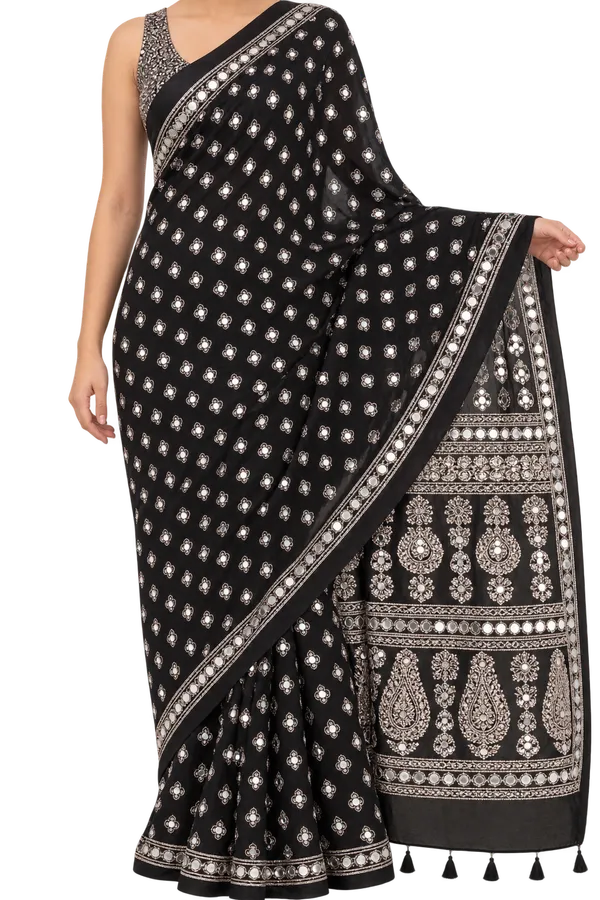 Black_Mirror_Work_Printed_Saree_With_Blouse_Piece_For_Women