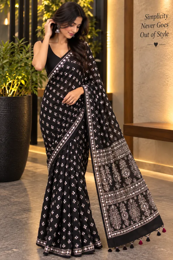 Black_Mirror_Work_Printed_Saree_With_Blouse_Piece_For_Women
