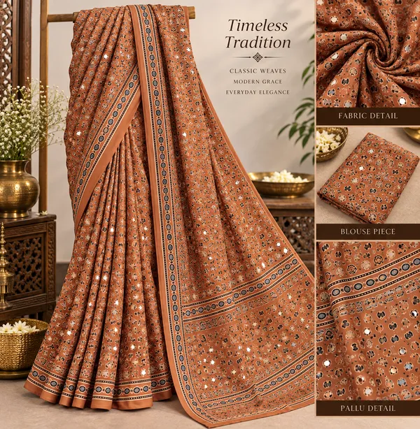 Rust_Printed_Saree_With_Blouse_Piece_for_Women