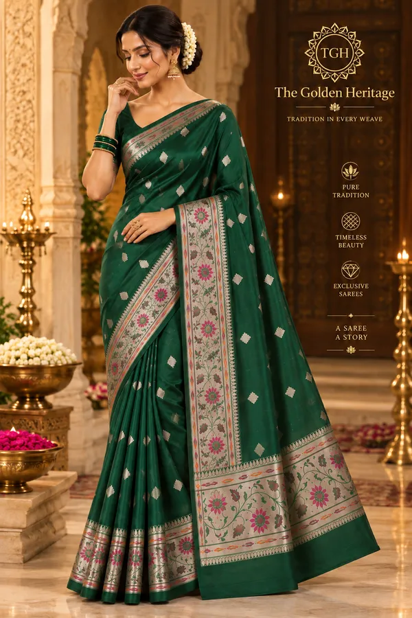 Green_Traditional_Floral_Border_Saree_For_Women