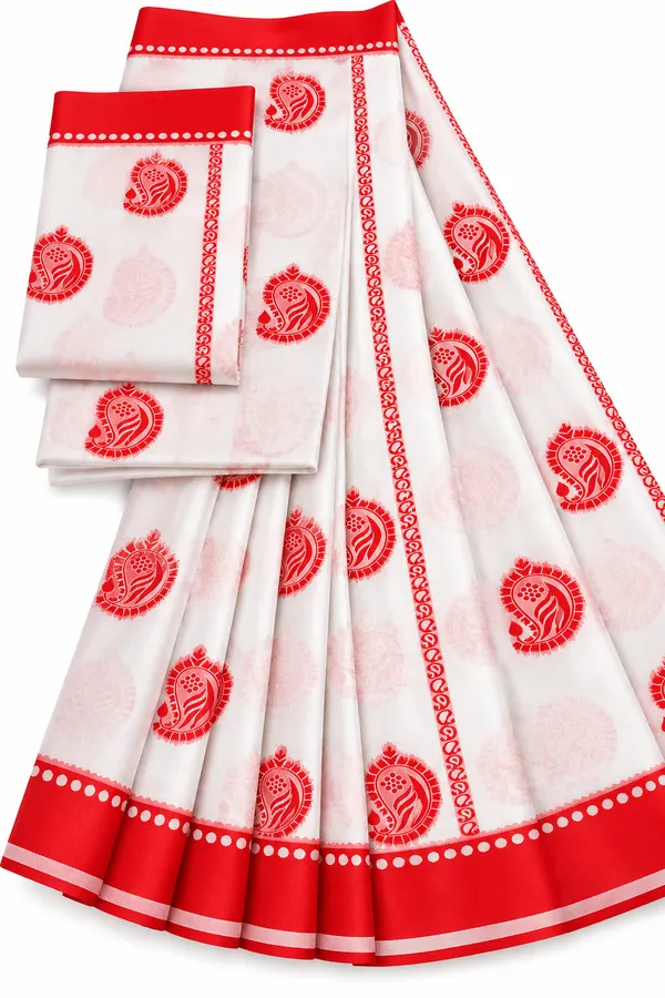 Litchi_Silk__Puja_Special_Red_and_white_saree_with_Mata_image_on_the_Blouse