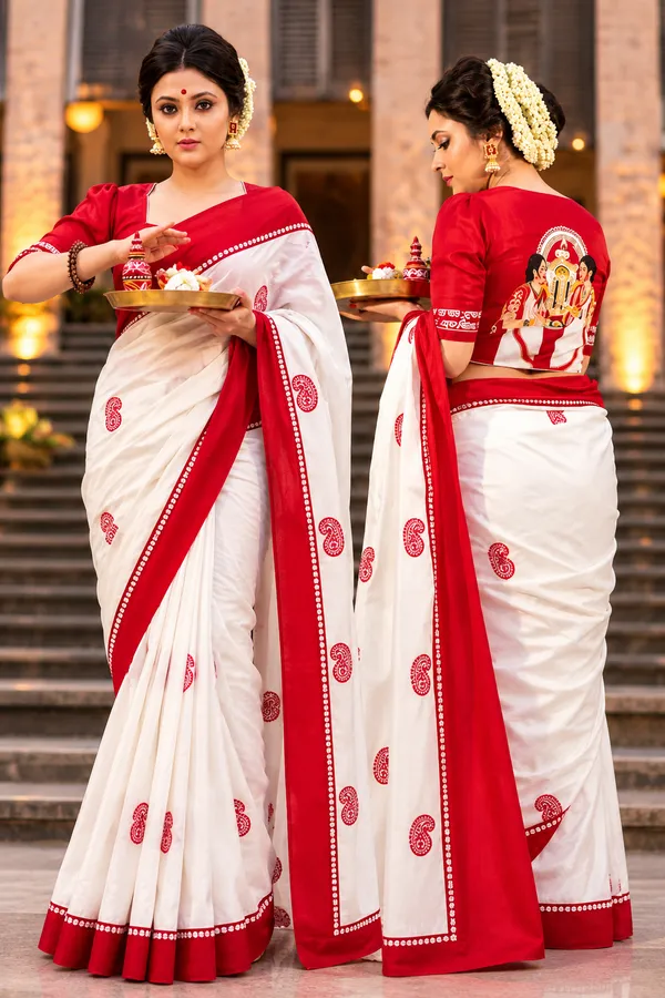 Litchi_Silk__Puja_Special_Red_and_white_saree_with_Mata_image_on_the_Blouse