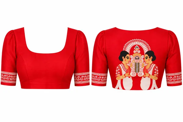 Litchi_Silk__Puja_Special_Red_and_white_saree_with_Mata_image_on_the_Blouse