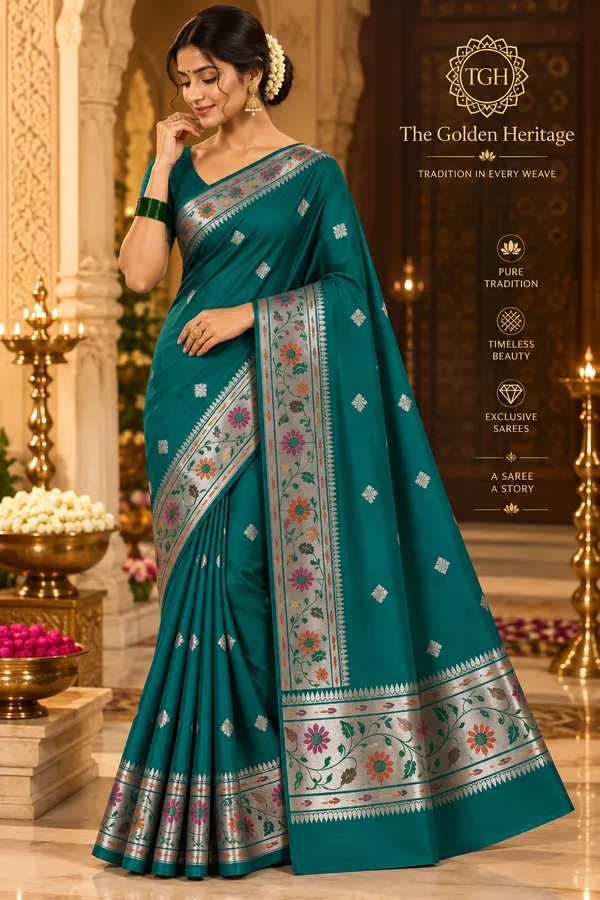 Teal_Traditional_Floral_Border_Saree_for_Women