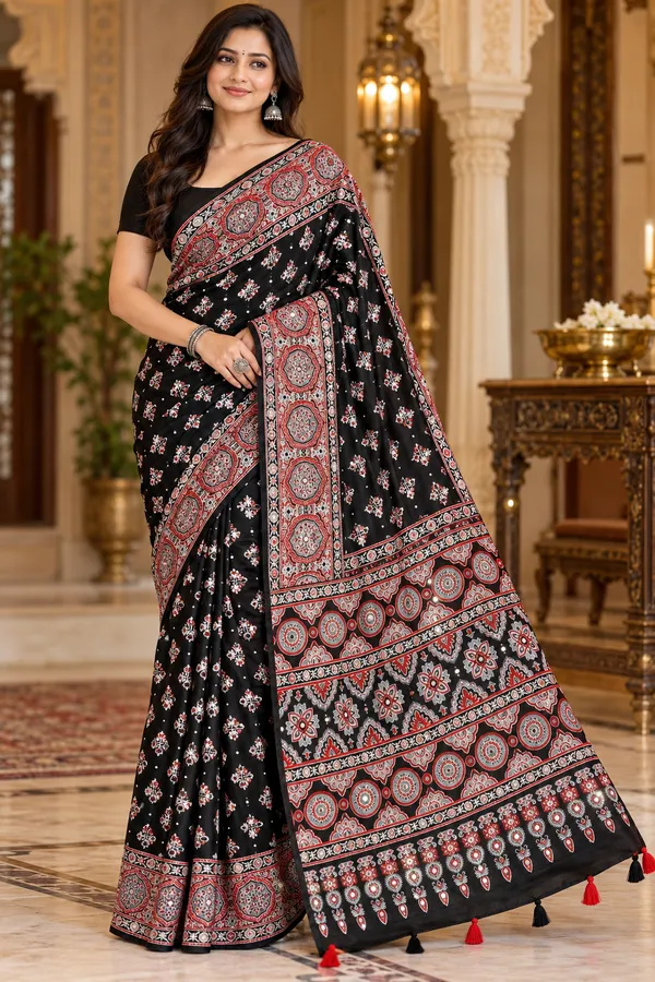 Premium_Ajrakh_Crepe_Silk_Light_Mirror_Work_Saree_