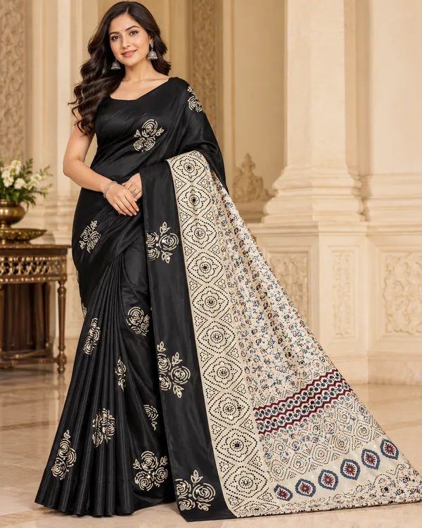 Premium_Black_Gazi_Silk_Saree_with_Light_Mirror_Work_&_Ajrakh_Design_Pallu