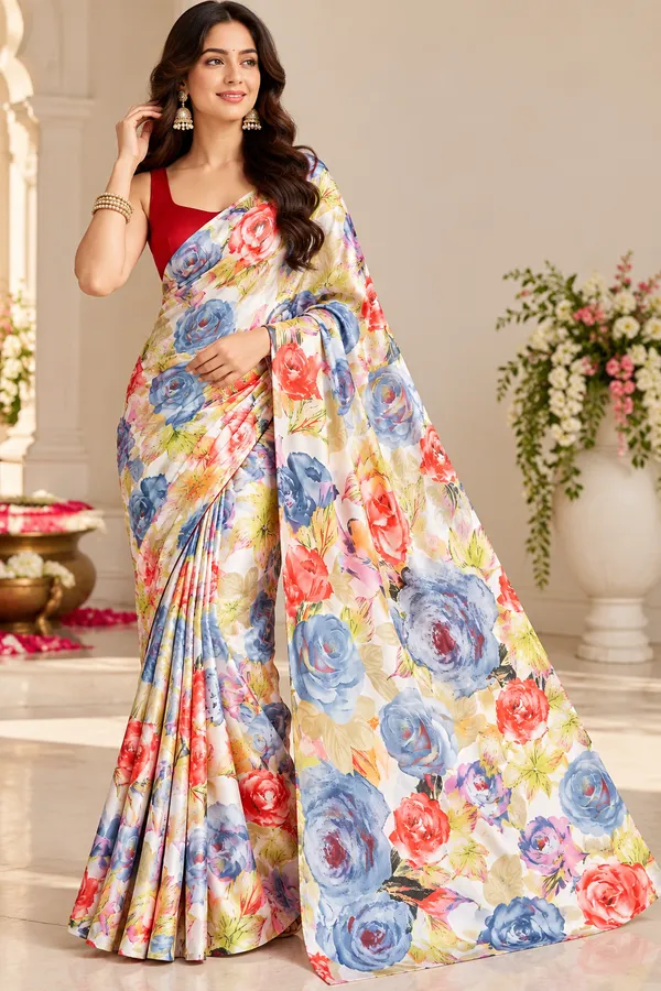 Premium_Soft_satin_Silk_Multicolour_Printed_Saree_with_Moss_Silk_Plain_Red_Blouse