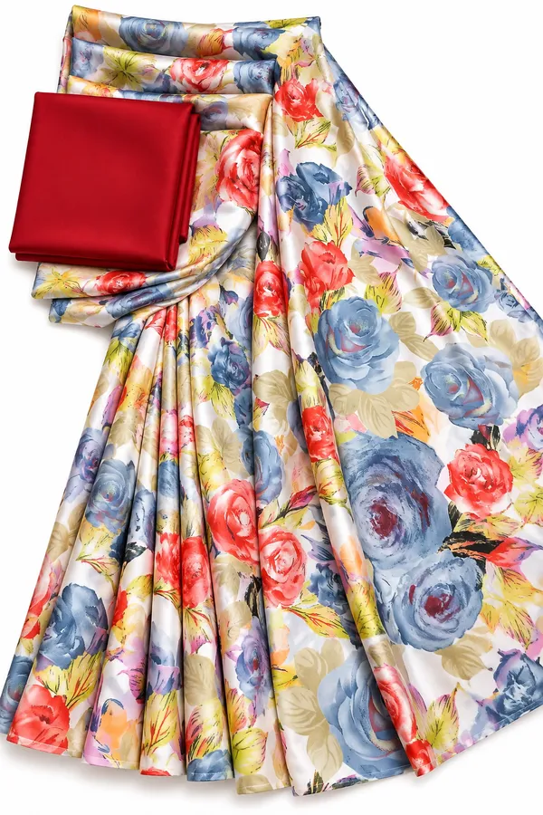 Premium_Soft_satin_Silk_Multicolour_Printed_Saree_with_Moss_Silk_Plain_Red_Blouse