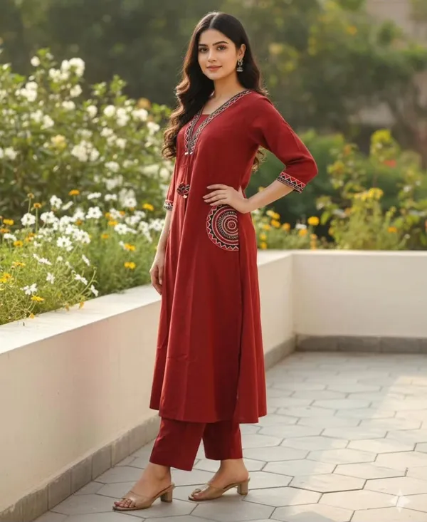 Maroon_Embroidery_Kurta_Set_For_Women