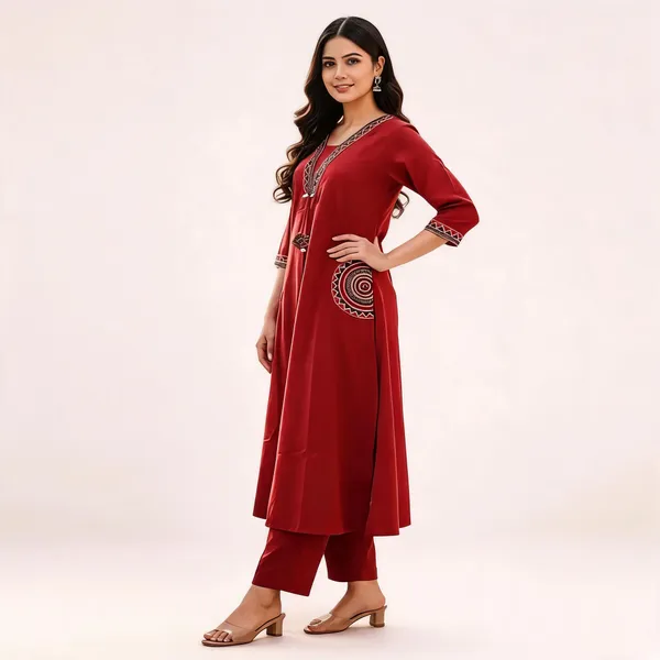 Maroon_Embroidery_Kurta_Set_For_Women