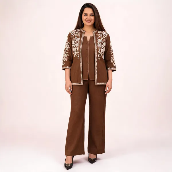 Brown_Embroidery_3_Pcs_Jacket_Style_Co_Ord_Set_For_Women