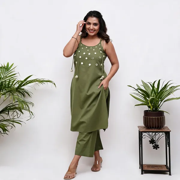 Olive_Sleeveless_Embellished_Kurta_Set_For_Women