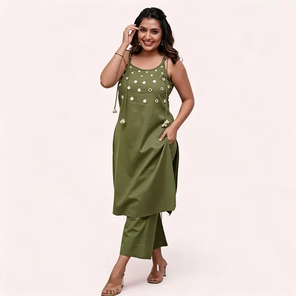 Olive_Sleeveless_Embellished_Kurta_Set_For_Women