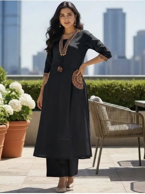 Black_Embroidered_Straight_Kurta_Set_For_Women