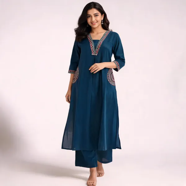 Blue_Embroidery_Straight_Kurta_Set_For_Women